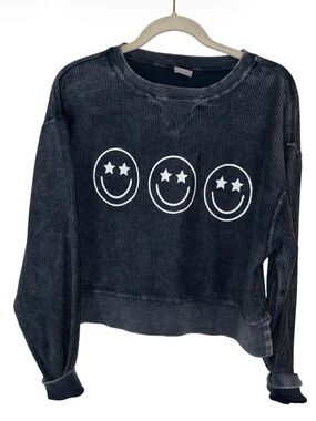 Chicka-D Star-Eye Smile Face Corded Sweatshirt - Navy/Grey Sz M